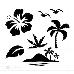 May include: Black and white silhouette design featuring a hibiscus flower, palm trees, and tropical leaves. The design also includes a small island with a beach and ocean waves.