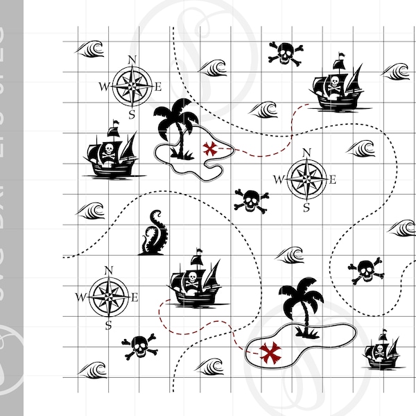 Pirate Treasure Map SVG | Repeatable Pirate Map Silhouette Cut File | Vector Pirate Treasure Map Svg Jpg Eps Png Dxf Downloads SC1252