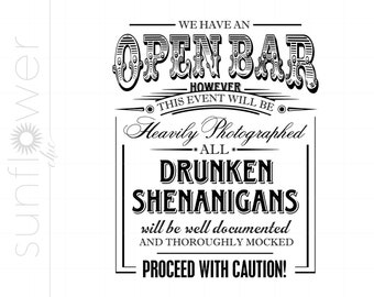 Open Bar Sign Art SVG Design | Drunken Shenanigans Sign SVG Dxf Eps Cut File Downloads | Silhouette SCV16