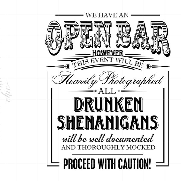 Open Bar Sign Art SVG Design | Drunken Shenanigans Sign SVG Dxf Eps Cut File Downloads | Silhouette SCV16