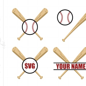May include: Four variations of a baseball bat and ball design. The first two designs feature crossed baseball bats with a baseball in the center. The third design features crossed baseball bats with the word "SVG" in the center of the baseball. The fourth design features crossed baseball bats with the text "YOUR NAME" in the center of the baseball.