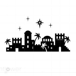 May include: A black silhouette of a cityscape with buildings, palm trees, and stars. The design features various architectural structures, including towers and arched entrances, with a large star above the city. The image has a minimalist style.