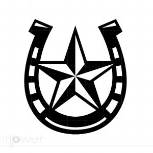 May include: Black and white illustration of a horseshoe with a five-pointed star in the center.