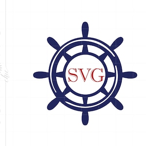 May include: A blue nautical wheel with a white circle in the center. The word "SVG" is written in red inside the circle.