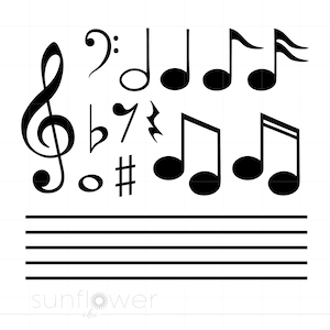 May include: Black and white musical notes and symbols, including a treble clef, a sharp, a flat, a natural, and a quarter note. There are five horizontal lines, representing a musical staff.