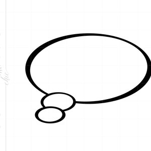 May include: A black and white thought bubble with two small circles at the bottom.