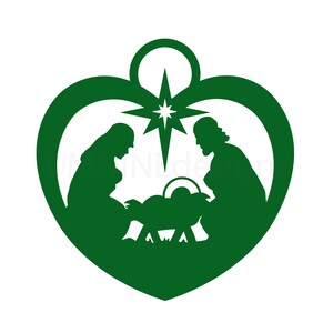以下が含まれることがあります： 緑色のハート型のオーナメントで、内部にキリスト降誕の場面のシルエットが描かれています。場面には、マリア、ヨセフ、そして飼い葉桶の中の赤ちゃんのイエスが描かれています。飼い葉桶の上に星が輝いています。