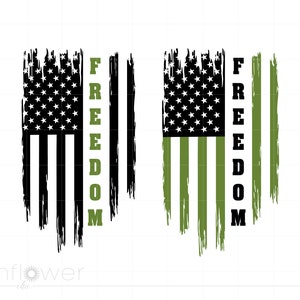 May include: Two distressed American flag designs with the word "FREEDOM" vertically down the right side. The flag on the left is black and white, and the flag on the right is green and white.