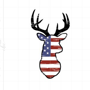 May include: A silhouette of a deer head with antlers, with the American flag design in red, white, and blue.