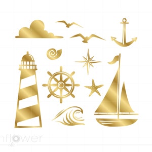 Puede incluir: Un conjunto de archivos de corte SVG de temática náutica de color dorado. El conjunto incluye un faro, un velero, un ancla, una brújula, una concha, una estrella de mar, una ola y dos gaviotas.