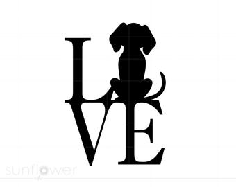 May include: Black and white silhouette of a dog sitting on top of the word "LOVE".
