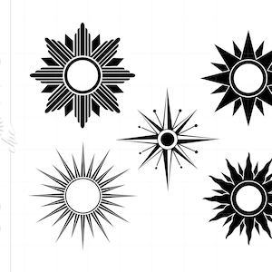 May include: Five black and white sunburst designs with different numbers of points and varying sizes. The designs are all symmetrical and have a circular center.