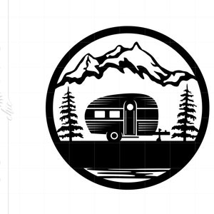 May include: Black and white silhouette of a camper trailer in front of a mountain range with trees on either side. The image is in a circle.