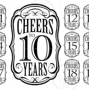 Verjaardag Svg, Cheers To 10's SVG silhouet Clipart, Cheers to Years 10-19 gesneden bestand, verjaardag cadeau ontwerp Svg Jpg Dxf Pdf Png SC1440