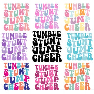 Op de afbeelding: Negen kleurrijke vierkanten met de woorden "TUMBLE STUNT JUMP CHEER" in een retro lettertype. Elk vierkant heeft een ander kleurenschema.