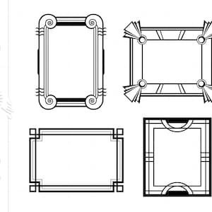 May include: Four black and white decorative frames with different designs. The frames are all rectangular and have a simple, geometric style.