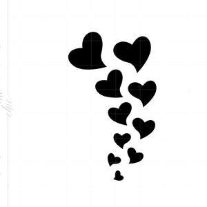 May include: A black and white image of a cluster of hearts, with the hearts getting smaller as they descend. The hearts are arranged in a cascading pattern, creating a sense of movement and flow.