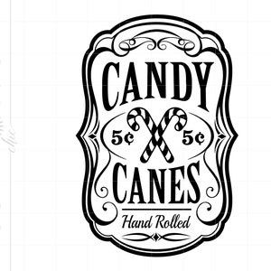 May include: Black and white vintage style sign with the text "CANDY CANES" and "Hand Rolled". The sign also features a pair of crossed candy canes with the price "5c" on each side.