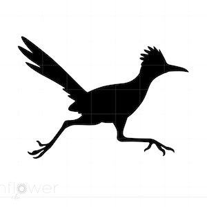 May include: A black silhouette of a roadrunner bird in mid-stride, with its wings spread and legs extended. The bird is depicted in a dynamic running pose against a white background. The word "sunflower" is written in a light color at the bottom.