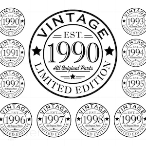 Paquete SVG vintage de los años 1990, descargas SVG 1990-99, todas las piezas originales cortan la silueta del archivo Cricut, diseño de camiseta de regalo de cumpleaños de los años 1990 SC3100