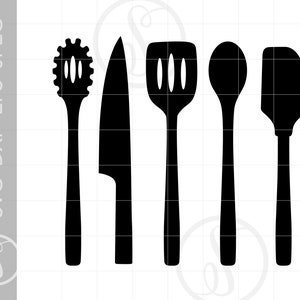 May include: A set of five black kitchen utensils, including a spatula, a spoon, a knife, and two whisks.