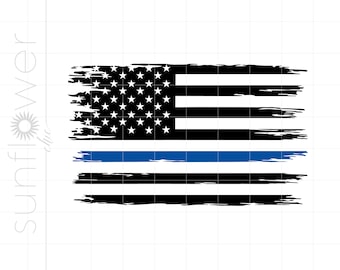 May include: A distressed American flag with a thin blue line running horizontally across the middle. The flag is black and white with a blue line.