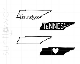 May include: Four black and white outline images of the state of Tennessee. The first image has the word "Tennessee" written in cursive. The second image has the word "TENNESSEE" written in all caps. The third image is a blank outline of the state. The fourth image is a filled-in outline of the state with a white heart in the center.