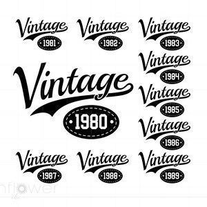 Puede incluir: Diseño gráfico en blanco y negro con la palabra "Vintage" en una fuente estilizada y un año de 1980 a 1989.