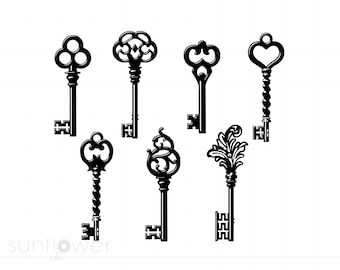 スケルトン キー SVG PNG Jpg クリップアート ダウンロード、ビンテージ キー Cricut シルエット カット ファイル、即時ダウンロード SC391