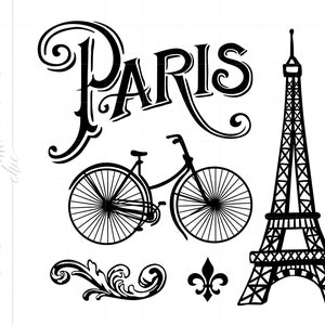 Downloads de clipart de arquivo cortado Svg de PARIS | Silhueta parisiense Svg Dxf Pdf | Torre Eiffel Svg Clipart Bicicleta Svg SC23