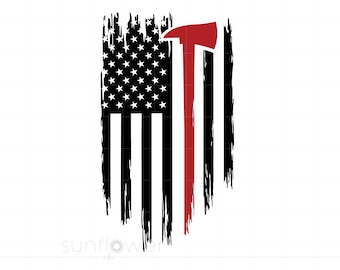 Firefighter Flag Svg | Red Line Svg Cut Files | Distressed Fire Fighter Axe Flag | Firefighter US Flag T Shirt Cricut Silhouette SC2467