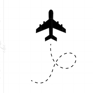 May include: A black airplane silhouette with a dashed line trail, representing a flight path.