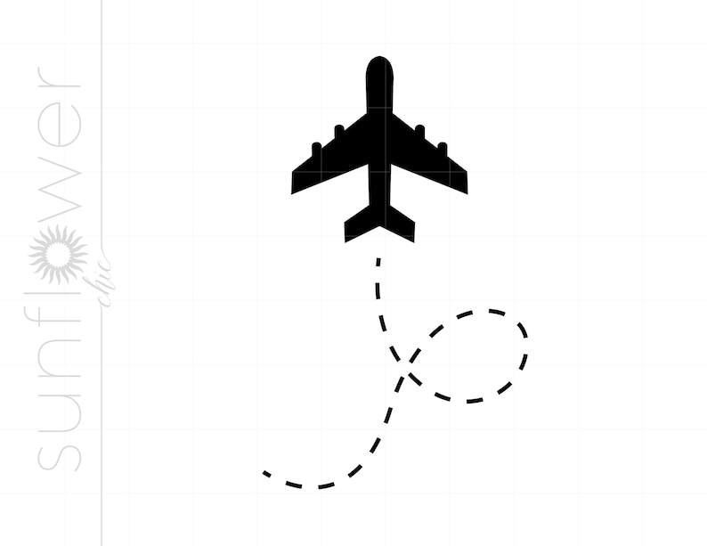 May include: A black airplane silhouette with a dashed line trail, representing a flight path.