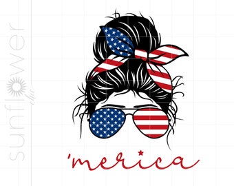 Merica Messy Bun Svg | American Flag Mom Bun Svg | 4th of July Svg | Patriotic Messy Bun  T Shirt Cricut Silhouette | USA Flag Svg SC2307