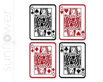 May include: Four playing cards, each depicting the Queen of a different suit. The cards are in a black and red color scheme, with the suits and the Queen's face in the opposite color of the card's background. The suits are spades, hearts, diamonds, and clubs.