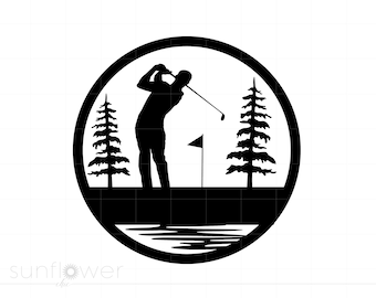 May include: Black and white silhouette of a golfer swinging a club on a golf course with two pine trees and a lake in the background. The image is in a circle.
