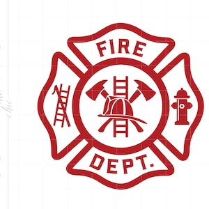 Download SVG dei vigili del fuoco / Clipart emblema del pompiere rosso / Silhouette dei vigili del fuoco taglia File Svg Jpg Pdf Png Dxf Scarica SC2465
