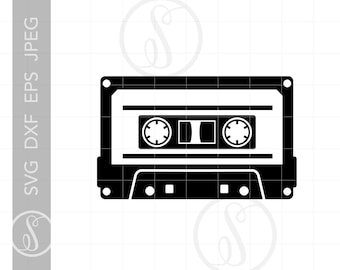 May include: Black and white silhouette of a cassette tape. The tape has a rectangular shape with a rounded top and bottom. There are two small circles on the top of the tape, and a rectangular area in the middle.