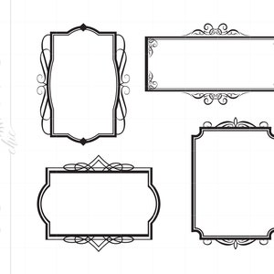 May include: Four black and white decorative frames with ornate designs. The frames are empty and ready to be filled with text or images.