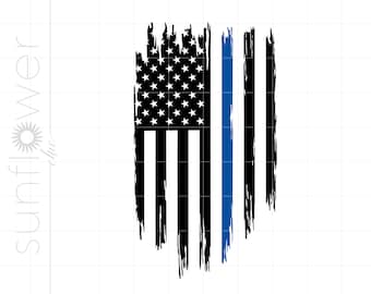 May include: A distressed American flag with a thin blue line running vertically down the center. The flag is black and white with a blue line.