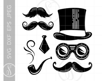 STEAMPUNK Svg Cut File Clipart Downloads | Steampunk Gentleman Svg | Steampunk Hat Goggles Svg | Steampunk Mustaches Clipart Svg SC410