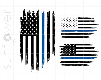 May include: Three distressed American flag designs with a thin blue line running horizontally across the bottom of each flag. The flags are in black and blue.