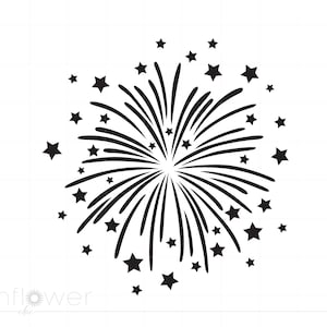 May include: Black and white illustration of a firework exploding with a burst of lines and stars.