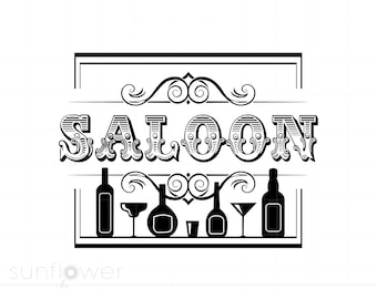 Może przedstawiać: Czarno-biała ilustracja znaku saloonu z napisem "SALOON" w ozdobnym kroju pisma. Pod znakiem znajduje się pięć butelek i szklanek, w tym kieliszek do martini.