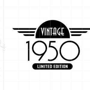 May include: Black and white graphic design with a vintage style logo. The logo features a circle with the word "Vintage" inside and wings on either side. Below the circle is the year "1950" and the text "Limited Edition".