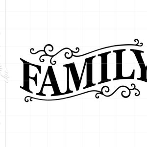 Puede incluir: Diseño gráfico en blanco y negro de la palabra "FAMILY" con remolinos decorativos.