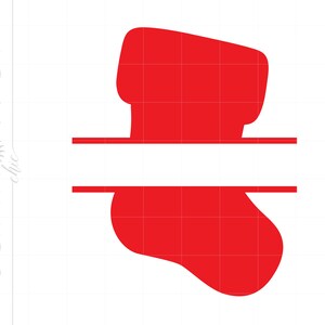 May include: A red Christmas stocking design with a white horizontal stripe for personalization. The stocking is a solid red color and is set against a white background. The design is simple and festive.