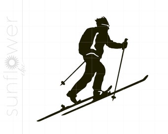 May include: A black silhouette of a skier in motion, gliding down a slope. The skier is wearing a jacket, goggles, and a hat, holding ski poles. The image is set against a white background, with the text "sunflower chic" in the upper left corner.