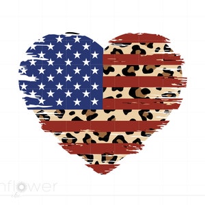 May include: A heart-shaped design featuring the American flag with a leopard print overlay. The flag is distressed and has a faded look.
