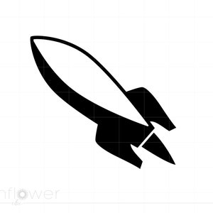 May include: A black and white silhouette of a rocket ship with a pointed nose and two fins at the back.